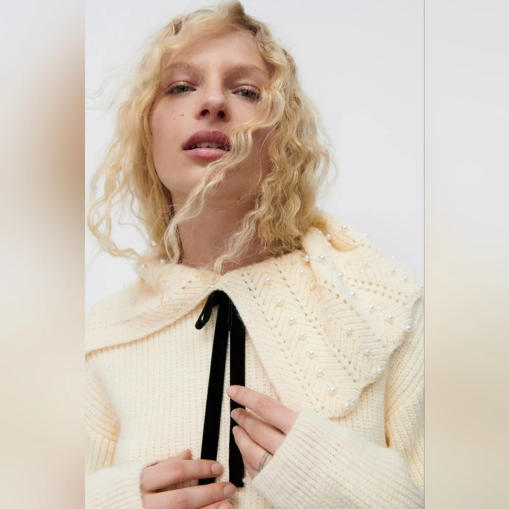 Zara Faux Pearl Sweater Big Collar Velvet Bow Top Cream Small - Picture 2 of 9